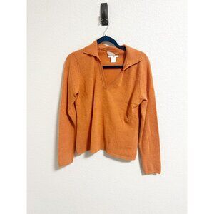 Keira 2 Ply Cashmere Polo Pullover Knit Sweater Long Sleeve V Neck Orange Size M